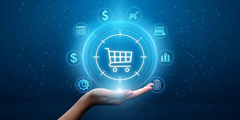 Digital shopping experience with financial and business icons surrounding a shopping cart