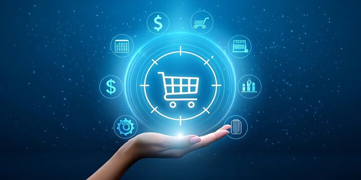 Digital shopping experience with financial and business icons surrounding a shopping cart - Powered by Adobe