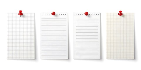Four vertical notebook pages pinned with red pushpins on a white background