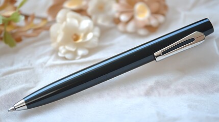 Slim black ballpoint pen and metallic clip over a neutral clear scene