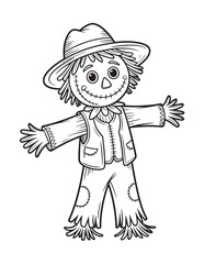 Friendly Scarecrow with Hat and Overalls – Autumn Farm Character Coloring Page for Kids

