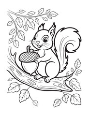 Squirrel Holding Acorn in Forest Leaves – Adorable Woodland Animal Fall Coloring Page

