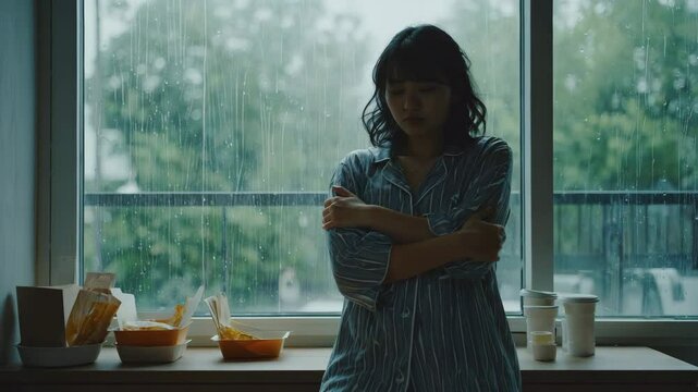 Sad girl rainy day window view: emotional loneliness and depression scene in pajamas at home feeling down
