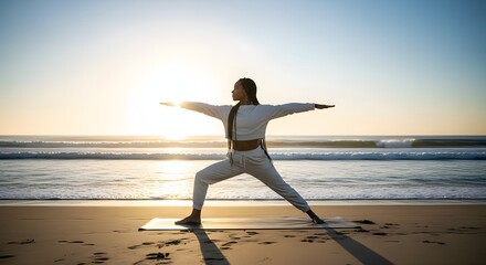 A woman on the beach enjoying the sunrise while holding a warrior two yoga pose, Peaceful yoga session in the morning with a woman showing her skill on a beach