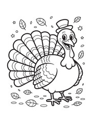 Happy Thanksgiving Turkey with Hat – Holiday Line Art for Children’s Coloring Activities