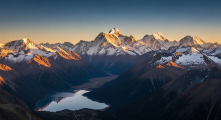 Obraz premium Majestic Sunrise over Snow-Capped Mountain Range and Serene Lake