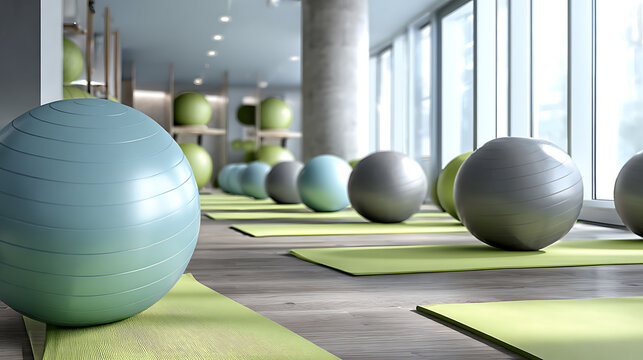 Serene yoga studio with exercise balls on mats, promoting wellness and fitness