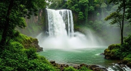 Majestic Waterfall Cascading Through Lush Rainforest