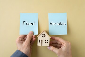 Mortgage rates, loan and real estate concept. The inscription fxed and variable on a notebook in the hands of a man with a miniature house