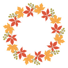 Autumn leaves wreath. Autumn maple and grape leaf circle frame. Wreath with foliage in autumn colors for fall season greeting card, invitation, postcard, poster, Thanksgiving, and Halloween design.