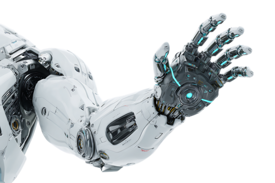 Close up of a robotic arm, showcasing intricate details and futuristic design.