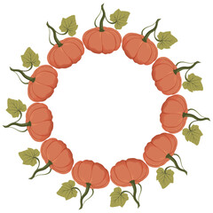 Pumpkin wreath. Pumpkin harvest circle frame. Autumn round frame with red gourds for seasonal greeting card, invitation, postcard, Thanksgiving, and Halloween design. Vector design isolated on white.
