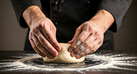 A chef's hands expertly knead dough on a floured surface preparing for baking. This image is ideal for food blogs recipes or culinary school promotions.