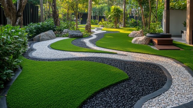 Serene garden path with artificial turf, pebbles, and rocks.