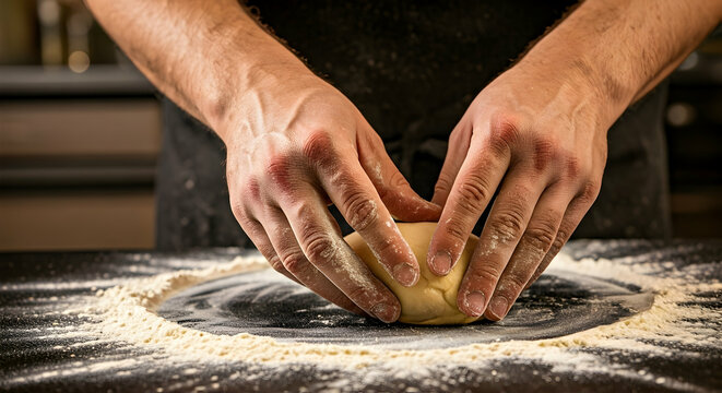 Skilled hands expertly knead golden dough on a floured surface. Perfect for culinary blogs cooking tutorials bakery advertisements or food packaging designs capturing artisanal craft and homemade good - Powered by Adobe
