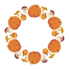 Pumpkin and mushroom autumn wreath. Vector wreath with pumpkins and mushrooms in flat style for seasonal designs, fall holidays, invitations, postcards, prints, thanksgiving, halloween decor.