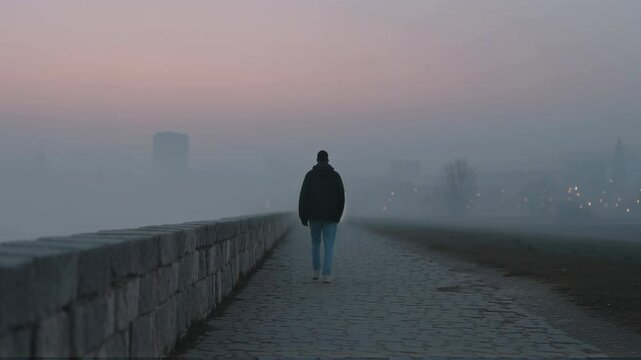 Lone man walking on misty bridge at dawn. Atmospheric foggy cityscape. Moody urban landscape with silhouette figure. Solitude and mystery concept for social media or blog post.