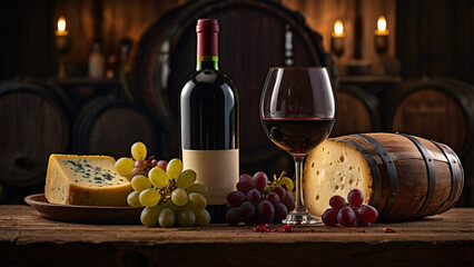 Elegant composition of a glass of red wine, assorted cheese, fresh grapes, and oak barrels bathed in cozy warm light.