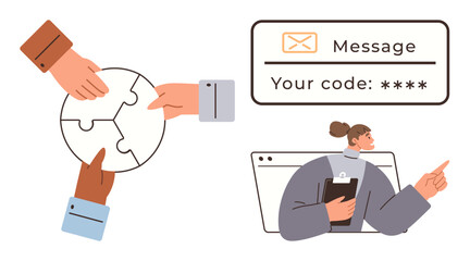 Hands assembling puzzle pieces signify teamwork, accompanied by a messaging and verification code interface. Ideal for teamwork, security, communication, privacy, management, authentication