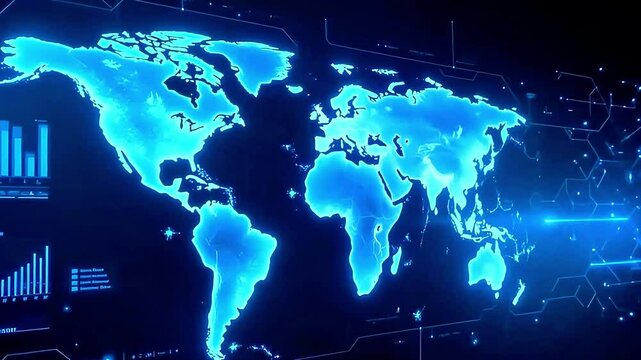 Illuminated world map with data charts and futuristic interface elements - Powered by Adobe