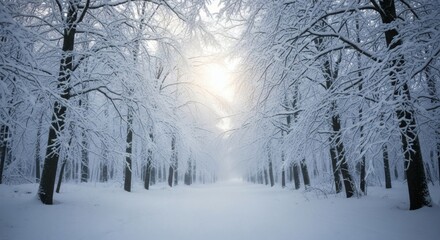 Obraz premium Enchanted Winter Forest Snow Covered Trees and Pathway