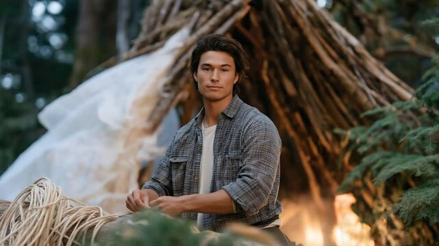 "Watch a step-by-step guide on constructing a lean-to shelter in the forest for survival enthusiasts."