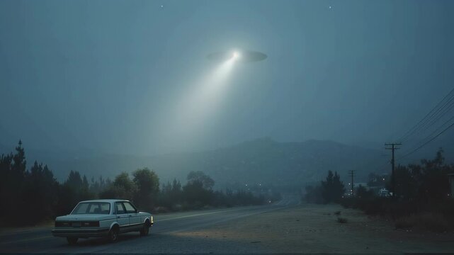 Mysterious bright light in stormy night sky over rural road with parked car. Eerie atmospheric scene of unexplained aerial phenomenon. UFO sighting concept.