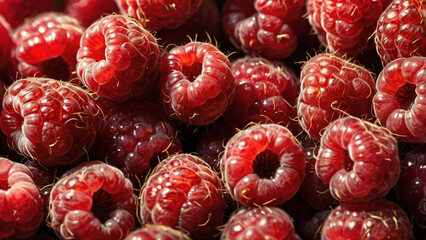 Juicy ripe raspberries filling the frame. Natural red fruit background for food styling.