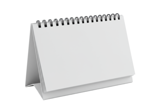 A pristine, blank, horizontal white desk calendar with matte white pages and sleek black spiral binding, on a transparent isolated background with copy space, ideal product mockup