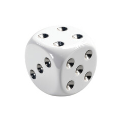 White six sided game die with silver pips isolated on transparent background