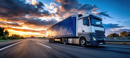The truck driving on the highway during a vibrant sunset with dramatic clouds.