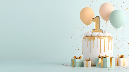 First birthday cake with gifts, balloons, and golden number 1 topper. Stylish birthday cake with golden number 1 topper, decorative stars, gifts, and balloons on blue background, perfect for baby or t