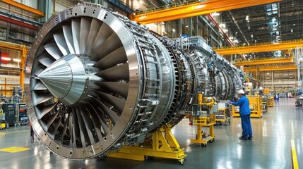Large jet engine in a factory