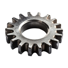 A single metallic gear isolated on black background showing detail and texture