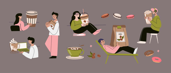Coffee appreciation concept with people relaxing and enjoying various beverages.