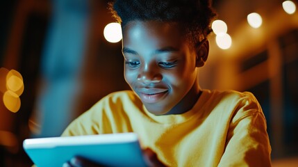 Young boy engaged with tablet in cozy evening atmosphere filled with warm lighting