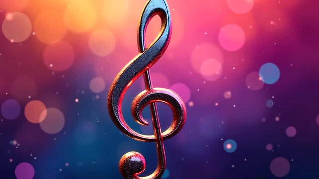 A colorful abstract background with a musical treble clef symbol. The backdrop features vibrant bokeh lights in shades of pink, purple, and blue, ideal for mockups.