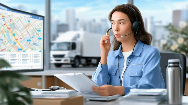 "Efficient fleet management: Dispatcher monitors truck routes in high-tech control room."