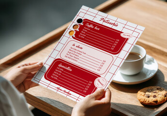 Hands Holding Cafe Menu Mockup with Coffee and Cookie