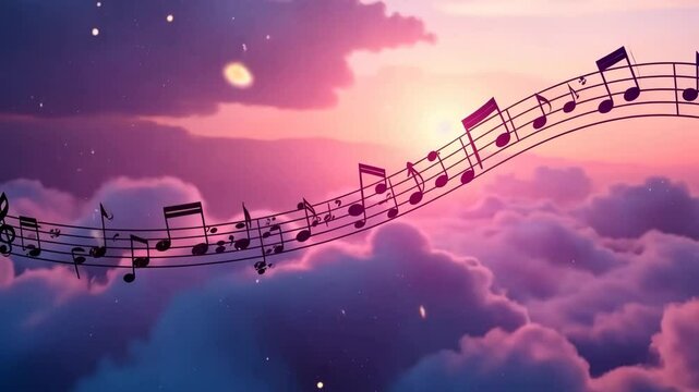 A colorful sky with soft clouds and musical notes flowing through the air. The scene creates a dreamy atmosphere, ideal for backgrounds and mockups.