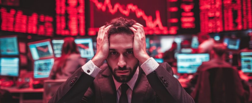 The stressed businessman in a financial crisis surrounded by digital screens. - Powered by Adobe