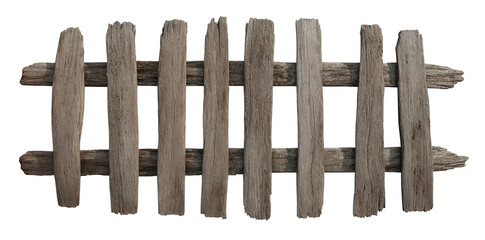 Obraz premium Intricately weathered wooden fence captured from above, showcasing rustic charm and texture on a clean white backdrop