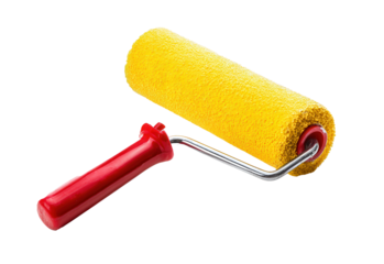 Vibrant yellow paint roller with red handle showcasing fine details on a bright white background