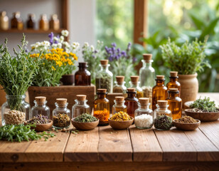 Collection of Herbs and Spices in Apothecary Bottles