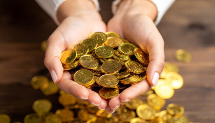 Hands holding a pile of gold coins