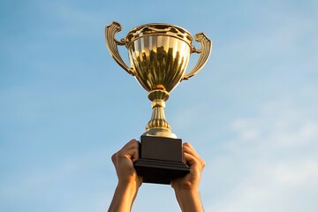 Hands holding up a golden trophy against a clear blue sky celebrating victory