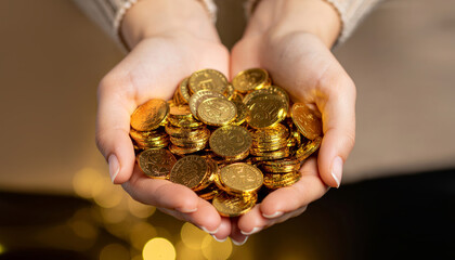 Hands holding a pile of gold coins