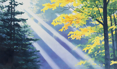 Sunbeams Illuminating Autumnal Forest Canopy