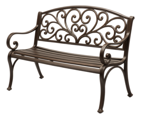 Curved metal garden bench with intricate scrollwork, suitable for adding elegance to a cottage garden pathway.