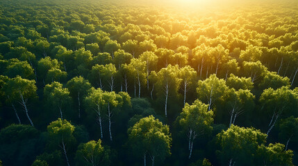 Aerial View of a Dense Forest Bathed in Golden Sunlight, Showing